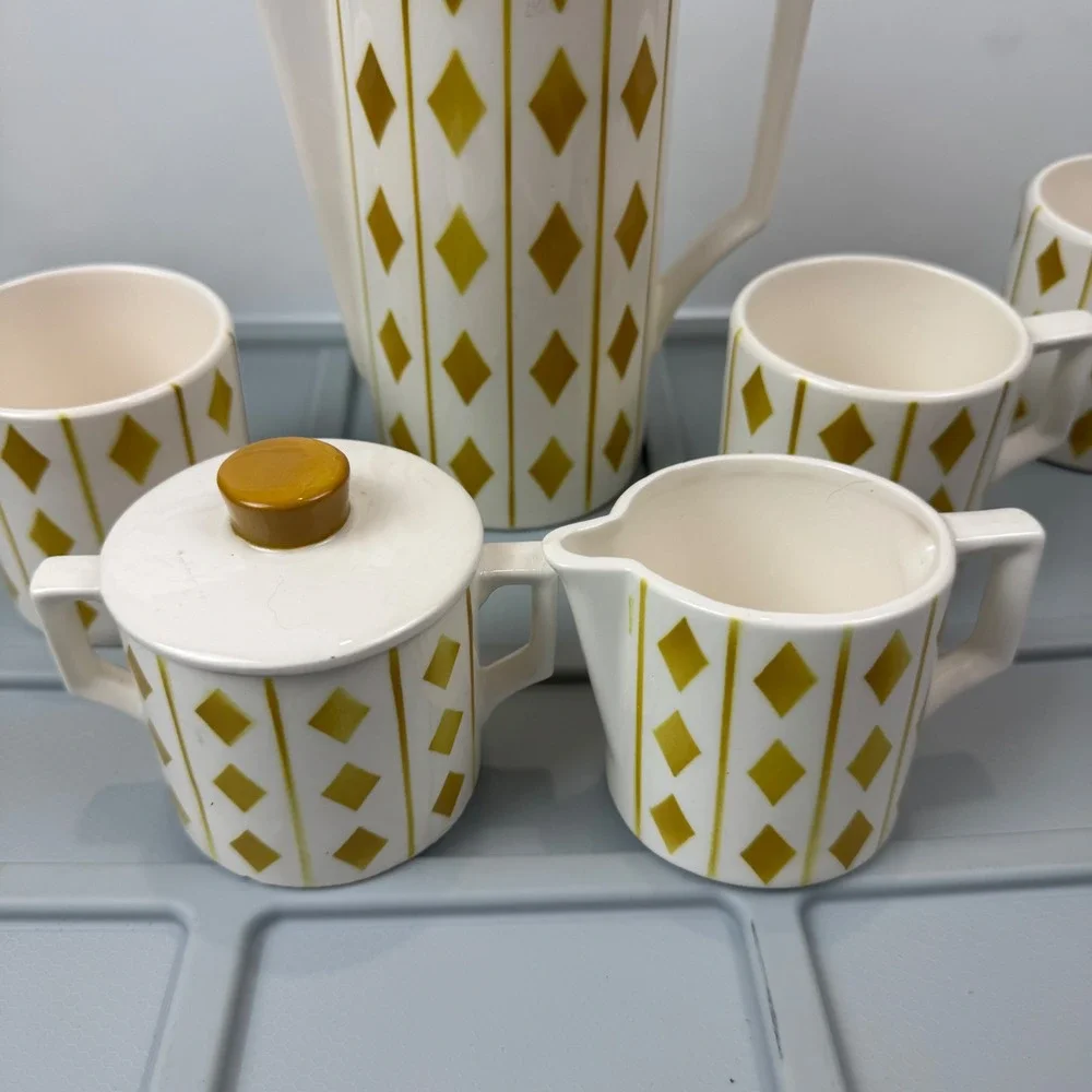 VTG Royal Sealy Harlequin Diamond Coffee Tea Set White Mustard MCM Ceramic 9pc